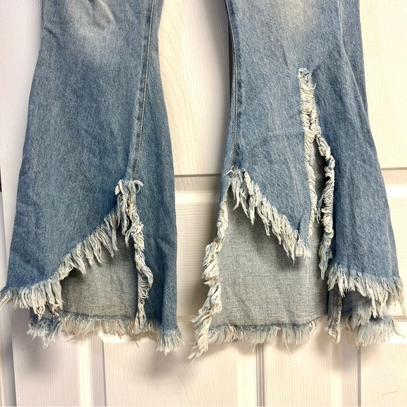 ZARA premium Destroyed Frayed Asymmetrical Flare Jeans size 2 women’s 100 cotton - Picture 8 of 13